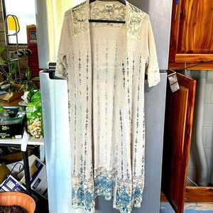 Vocal Apparel Long‎ Lace Cardigan with Lace and Stones 1/2 sleeve women’s M Tan